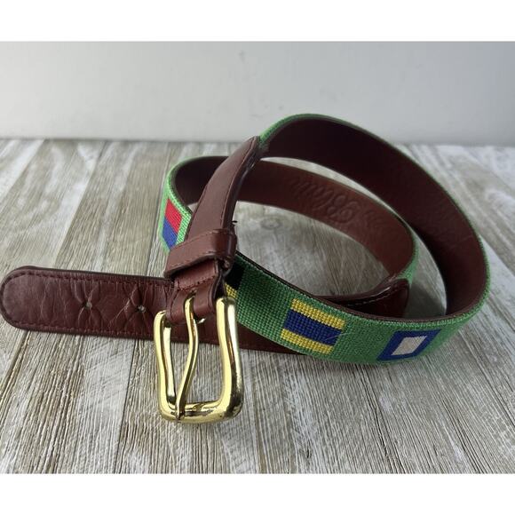 Tucker Blair Needlepoint & Leather Hand Stitched Belt Nautical Flags Size 34 - Picture 1 of 14
